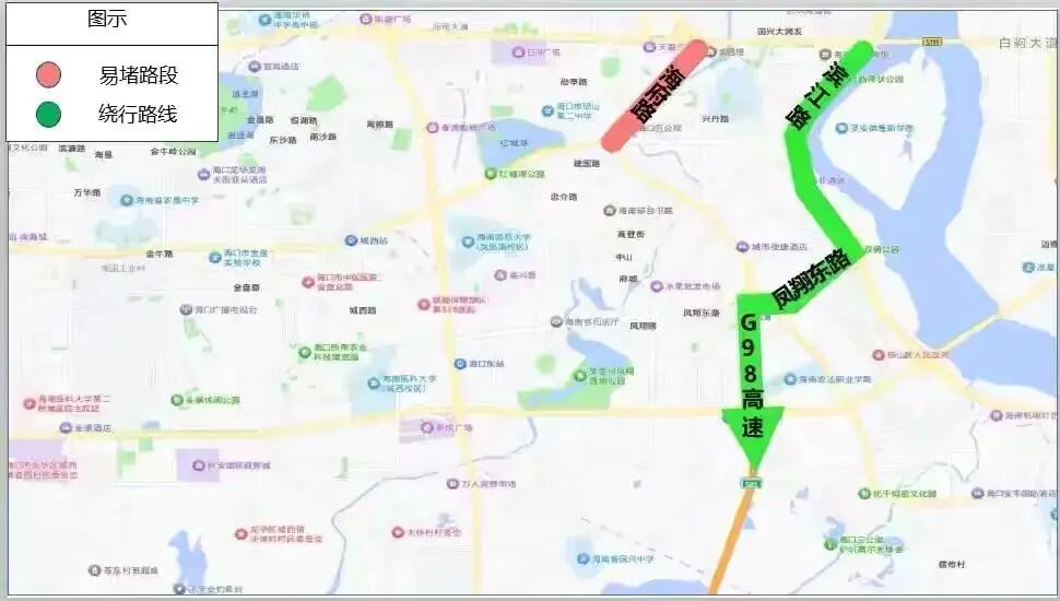 ?？谠┘倨诮煌ǔ鲂刑崾綺出行提示_元旦假期?？趽矶侣范?/></p>
<p>躲避海秀快速路的擁堵狀況，預(yù)計在12月31日下班之時，出城車流與之疊加，金墾匝道段以及永萬匝道段雙向擁堵情形嚴重。提議改道走濱海大道，或者選擇經(jīng)由海秀路、海盛路再到長天路進行分流 。</p>
<p><img src=